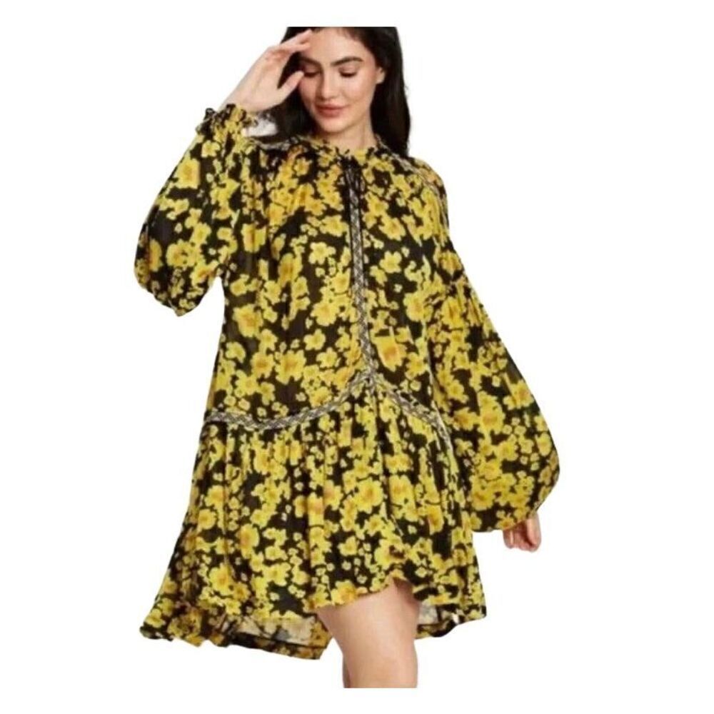 Free people tunic top/mini dress love letter black floral boho size XS